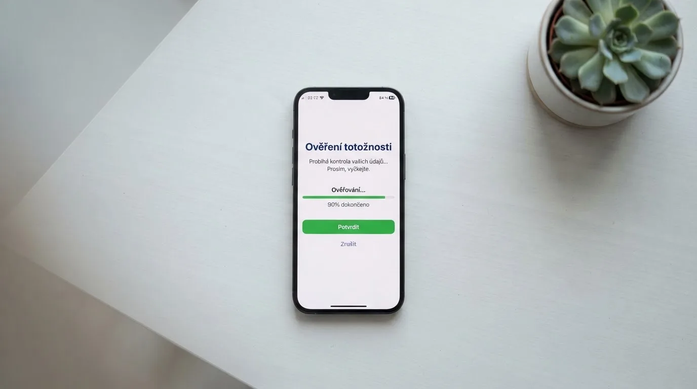 Mobilní telefon zobrazující průběh ověření totožnosti přes BankID s potvrzovacím tlačítkem