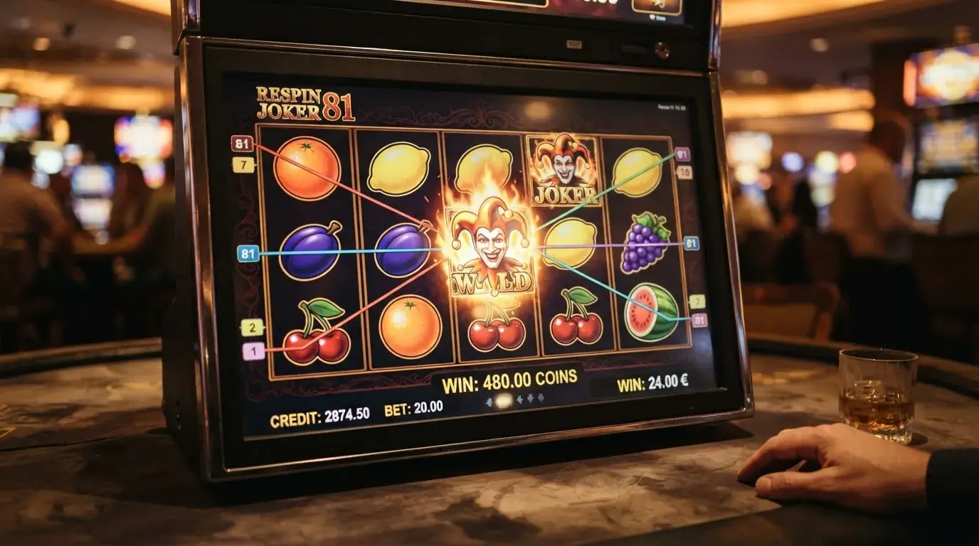 Hrací plocha automatu Respin Joker 81 s viditelnými výherními liniemi a symbolem Wild