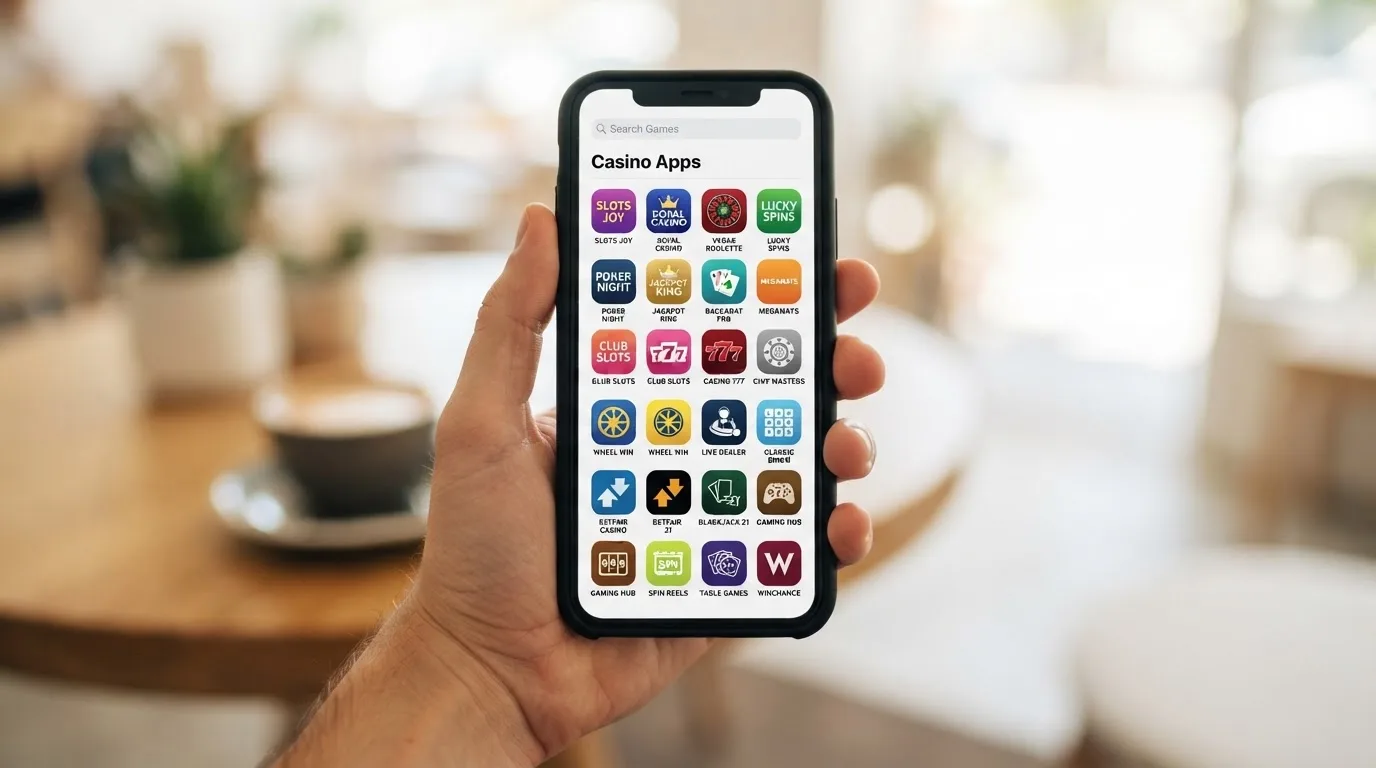 Dlaň držící mobilní telefon s obrazovkou Google Play a seznamem CZ casino aplikací ke stažení, v pozadí logo MF ČR