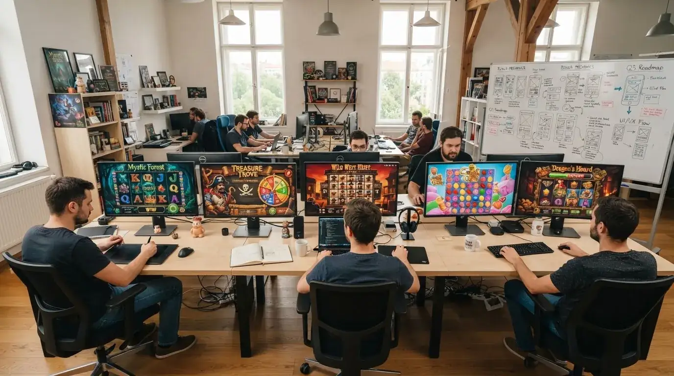 Loga pěti českých vývojářských studií — Apollo Games, SYNOT, Kajot, e-gaming, Tech4Bet — seřazená vedle sebe