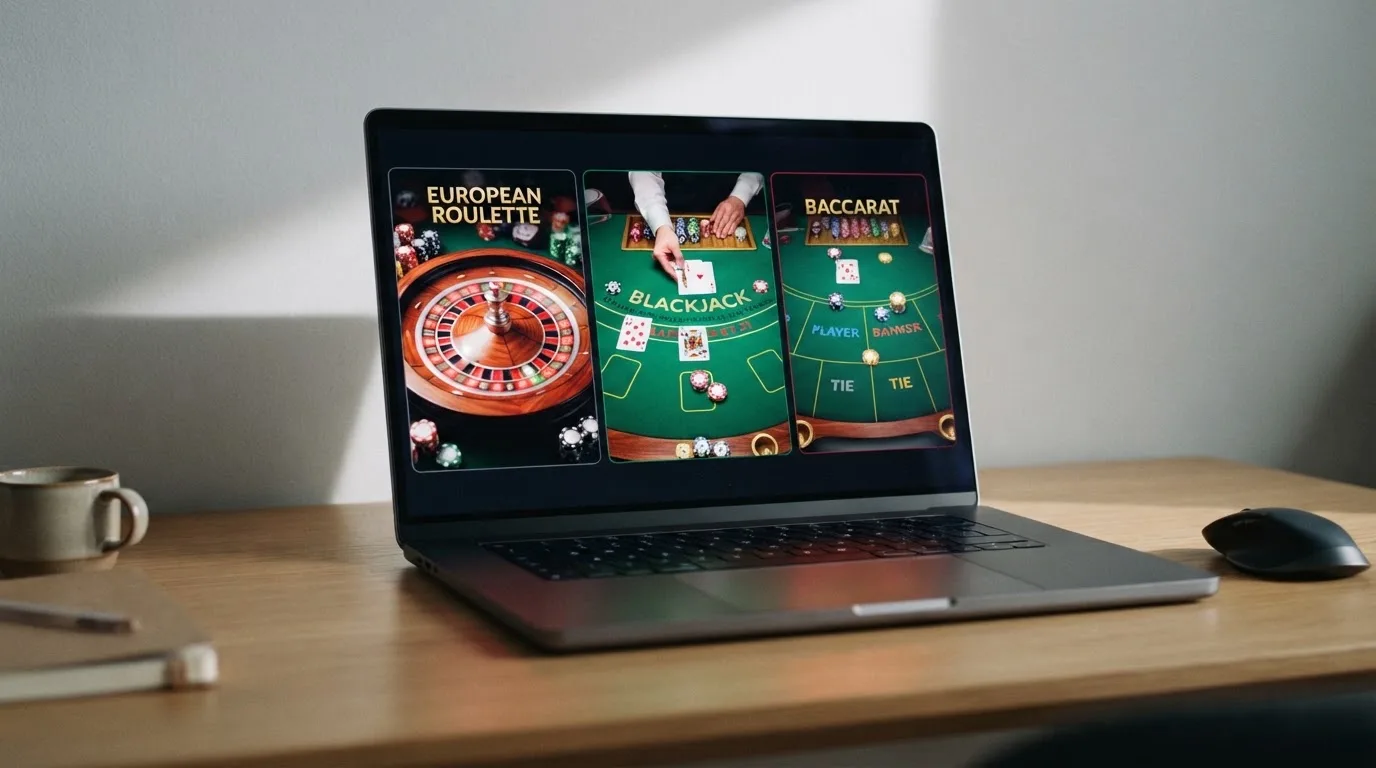 Rozložení živých her na obrazovce — ruleta, blackjack a baccarat vedle sebe v lobby online casina