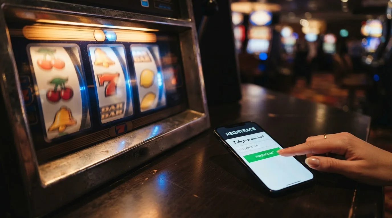 Detail automatového válce s nápisem „free spins“ a mobilním telefonem zobrazujícím registrační formulář casina