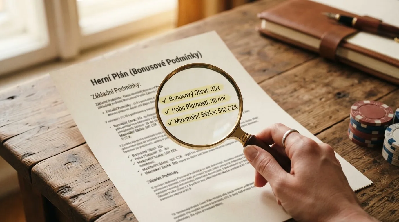 Lupa nad textem bonusových podmínek, zvýrazněné tři klíčové údaje — procento protočení, platnost ve dnech a maximální sázka z bonusu