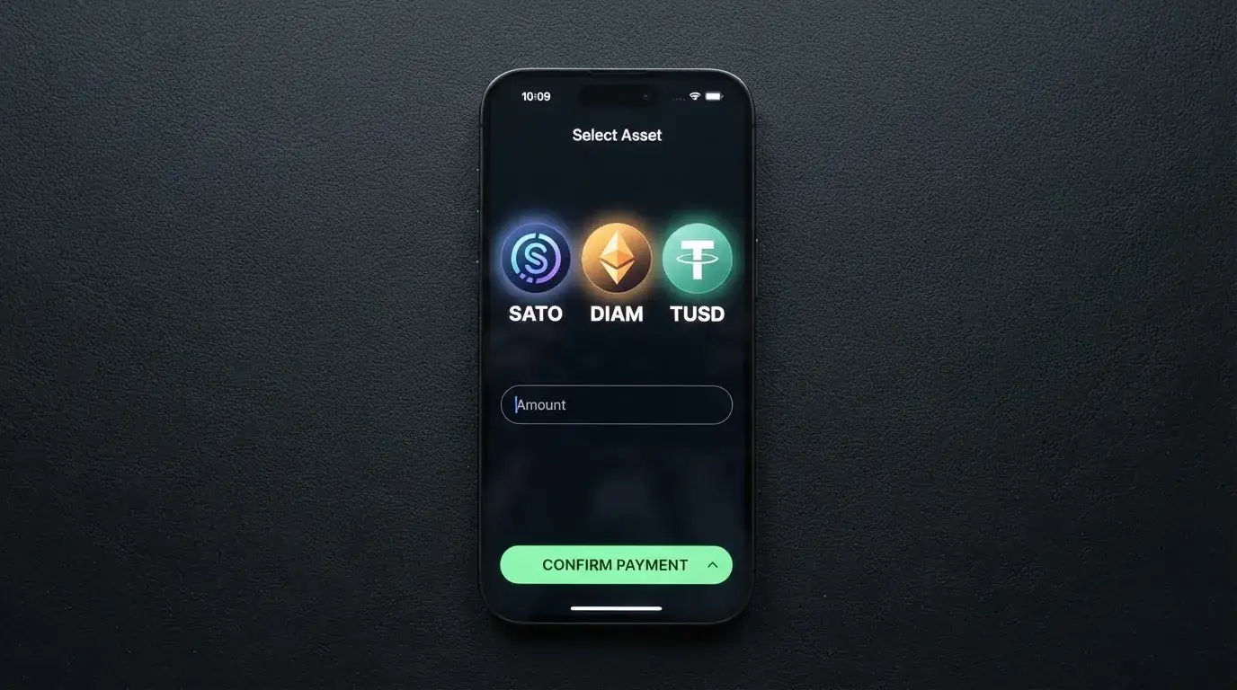 Mobilní telefon zobrazující platební obrazovku kasina s výběrem kryptoměn — Bitcoin, Ethereum a USDT