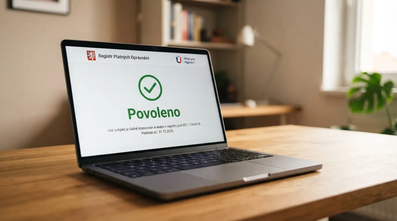 Úřední dokument s razítkem Ministerstva financí ČR a logem licencovaného online kasina na obrazovce notebooku