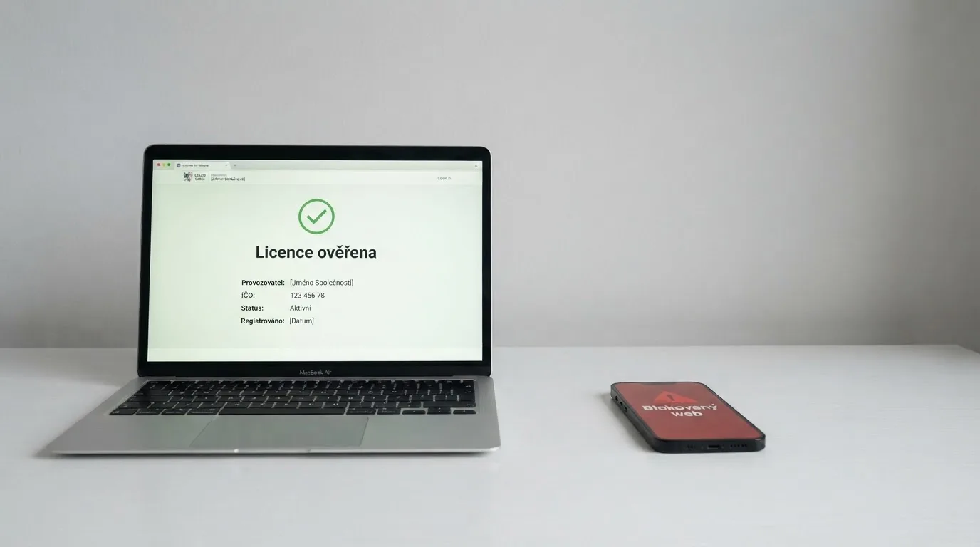 Obrazovka s veřejným registrem MF ČR a ukázkou, jak v něm ověřit licenci online kasina — vedle výstražný symbol u offshore webu bez licence