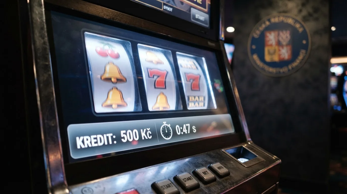 Detail automatu s viditelnou informační lištou zobrazující maximální sázku 500 Kč a časovač délky zatočení, v pozadí logo MF ČR