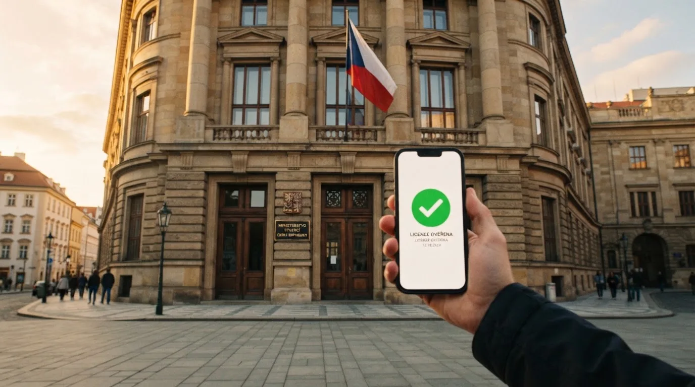 Budova Ministerstva financí České republiky a symbol úřední licence pro online hazardní hry