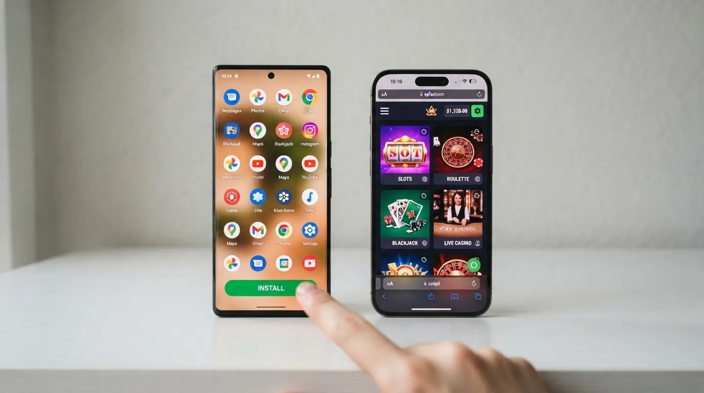 Displej telefonu s ikonami casino aplikací a tlačítkem instalace, vedle něj druhý telefon s otevřeným prohlížečem a responzivním webem kasina