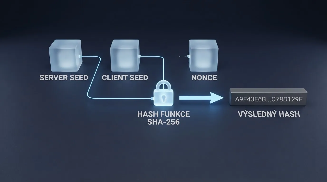 Schéma mechanismu provably fair se třemi prvky — server seed, client seed a nonce — vedoucí k jednosměrnému hashi na obrazovce