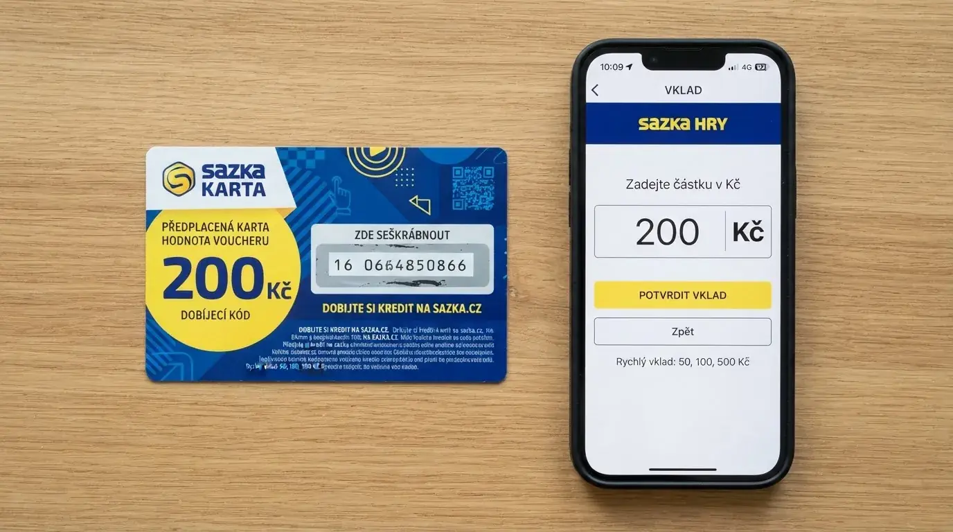 Paysafecard voucher v hodnotě 200 Kč vedle mobilního telefonu s otevřenou stránkou casina a platební bránou
