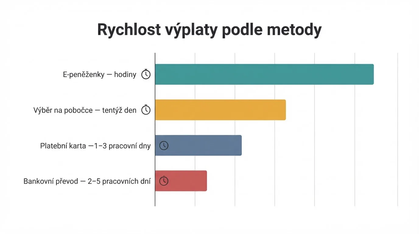 Infografika srovnávající čtyři hlavní platební metody — e-peněženka, platební karta, bankovní převod a výběr na pobočce — s vyznačením typické rychlosti každé z nich