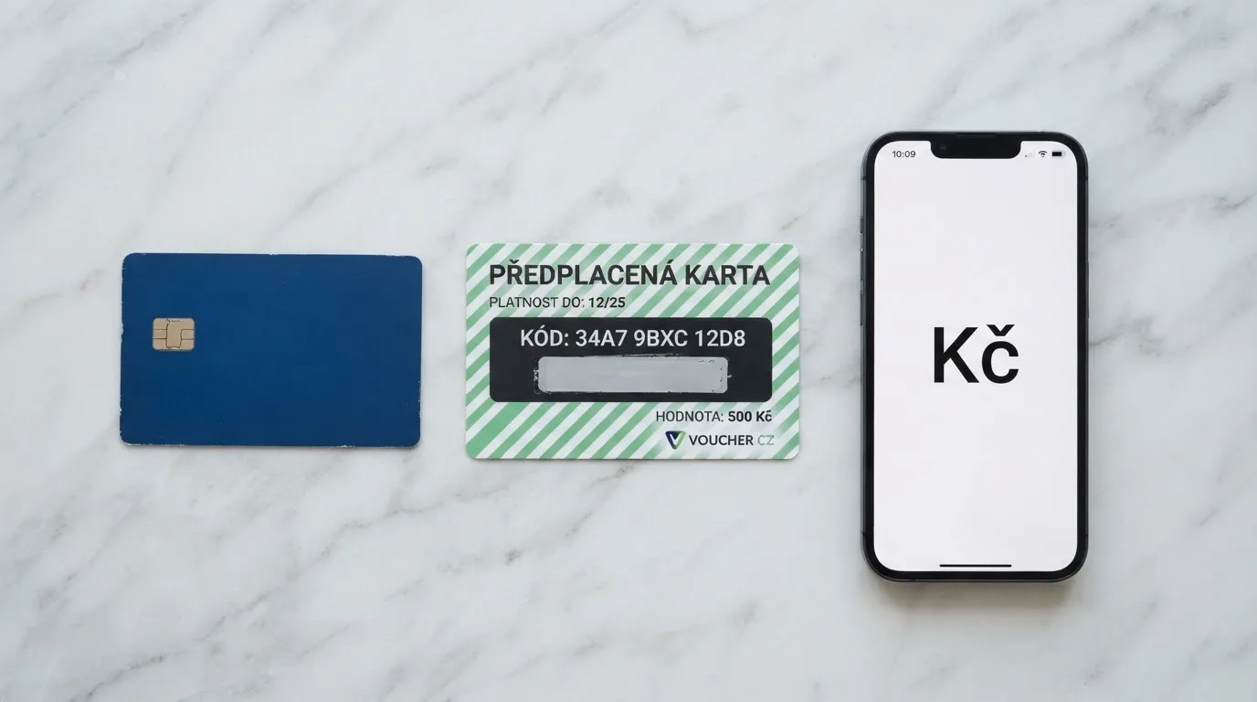 Platební karta, Paysafecard kupon a mobilní telefon položené vedle sebe — tři způsoby, jak vložit 100 Kč do online casina