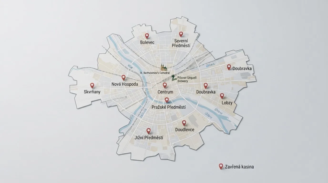Mapa Plzně s vyznačenými adresami bývalých kasin — centrum, Skvrňany, Doubravka, Bolevec, Jižní Předměstí