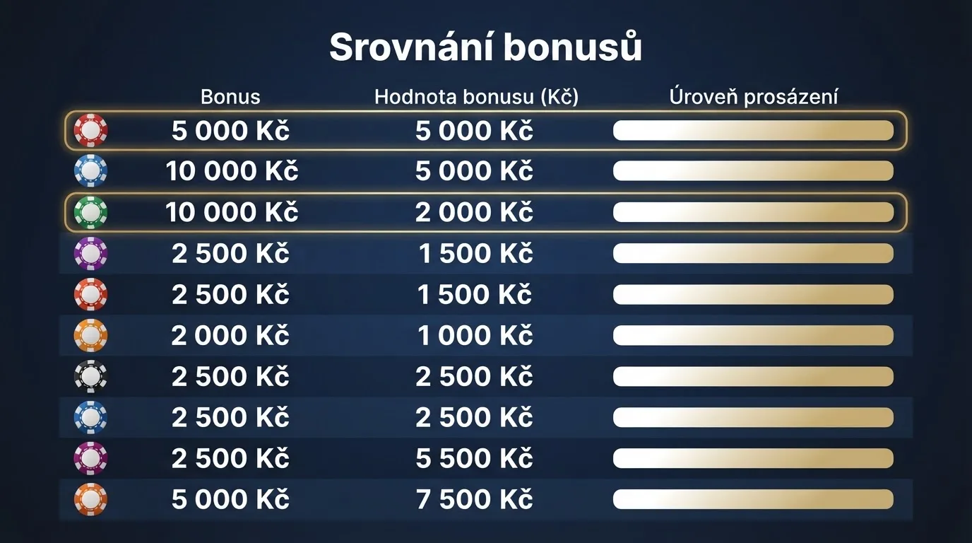 Srovnávací tabulka deseti českých online casin s hodnotami bonusů za registraci, zvýrazněné řádky s nejvýhodnějšími podmínkami