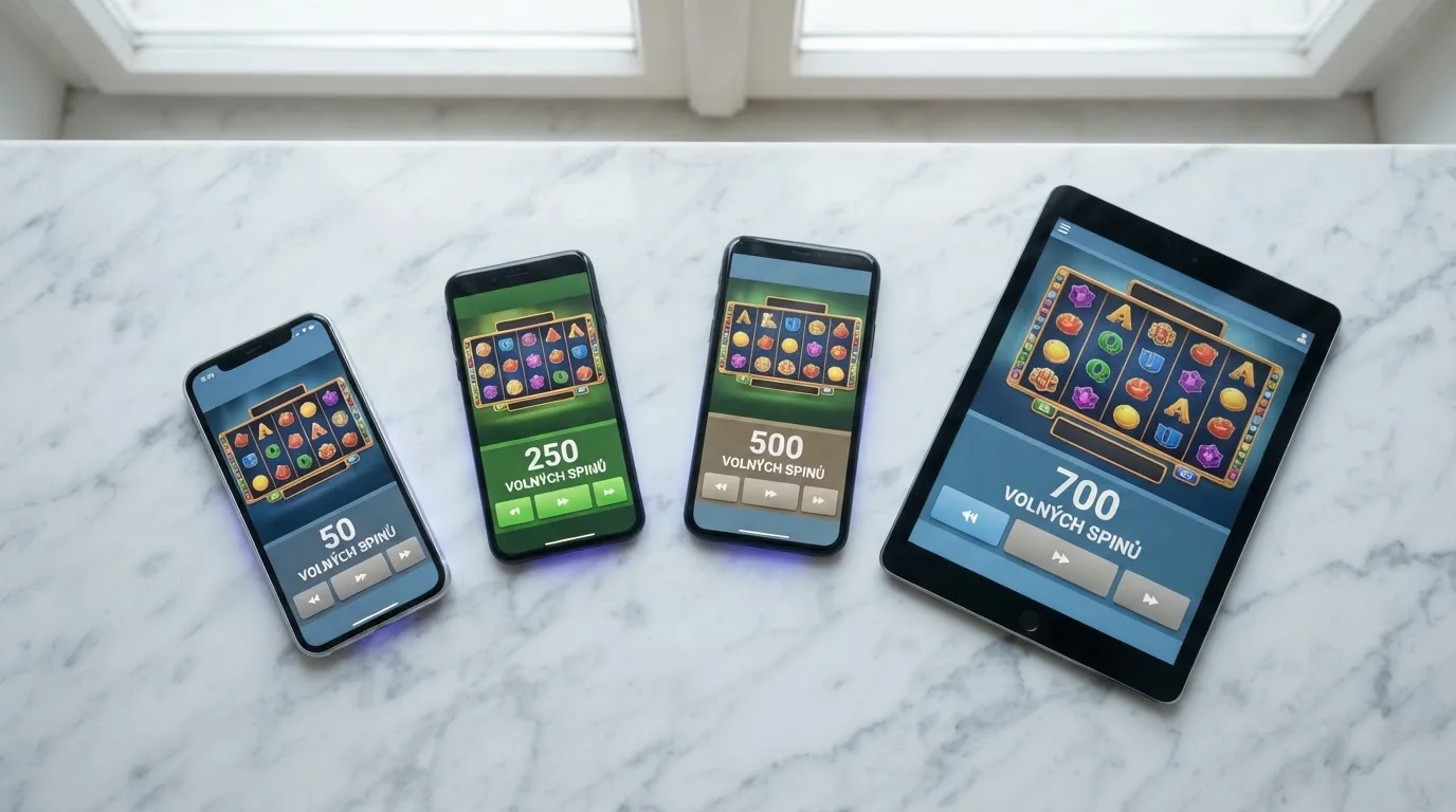 Rozložené mobilní telefony a tablet zobrazující loga českých licencovaných online casin s přehledem počtů volných otoček.