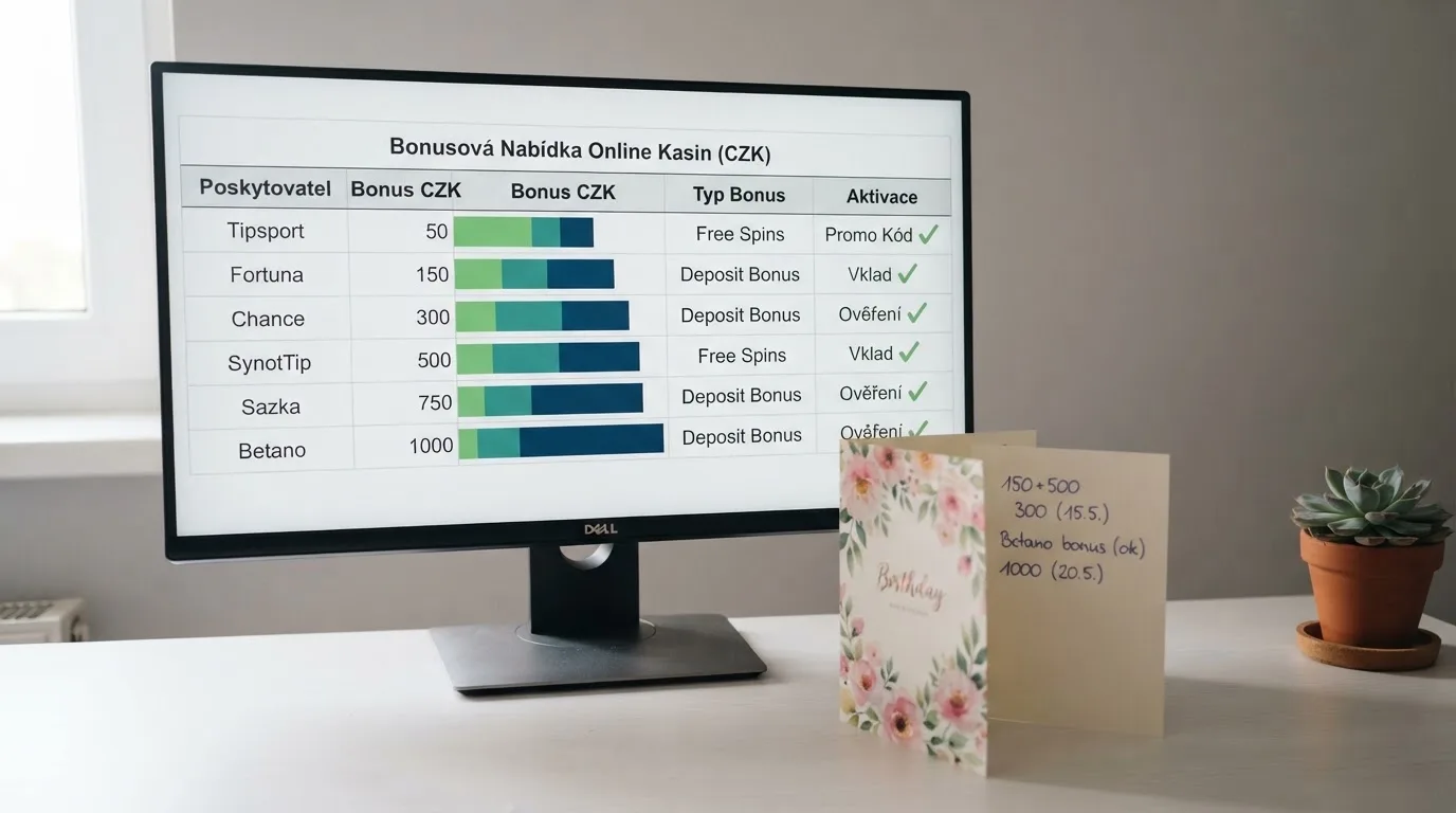 Srovnávací tabulka na obrazovce monitoru, vedle leží narozeninové přání s textem a čísly, v pozadí jemné osvětlení