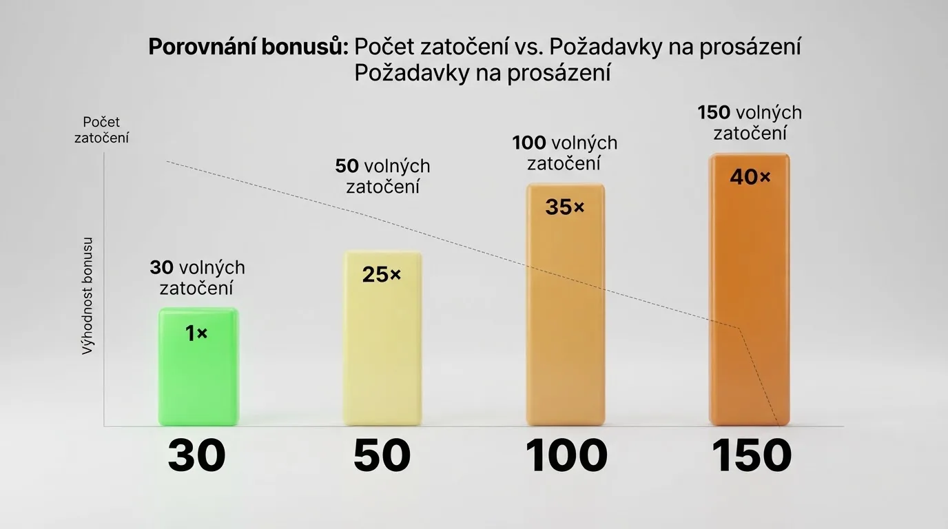 Infografika srovnávající čtyři balíčky free spinů — 30, 50, 100 a 150 — s rostoucími požadavky na protočení a klesající očekávanou hodnotou