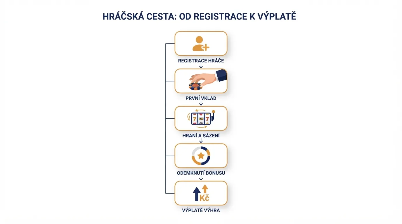 Infografika znázorňující cestu hráče od registrace přes první vklad, protočení bonusu až po výběr výhry — s vyznačenými podmínkami u každého kroku