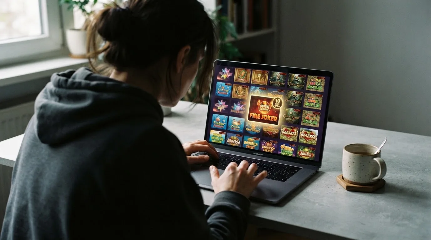 Hráč procházející nabídku online automatů s vyznačenými hrami pro free spiny