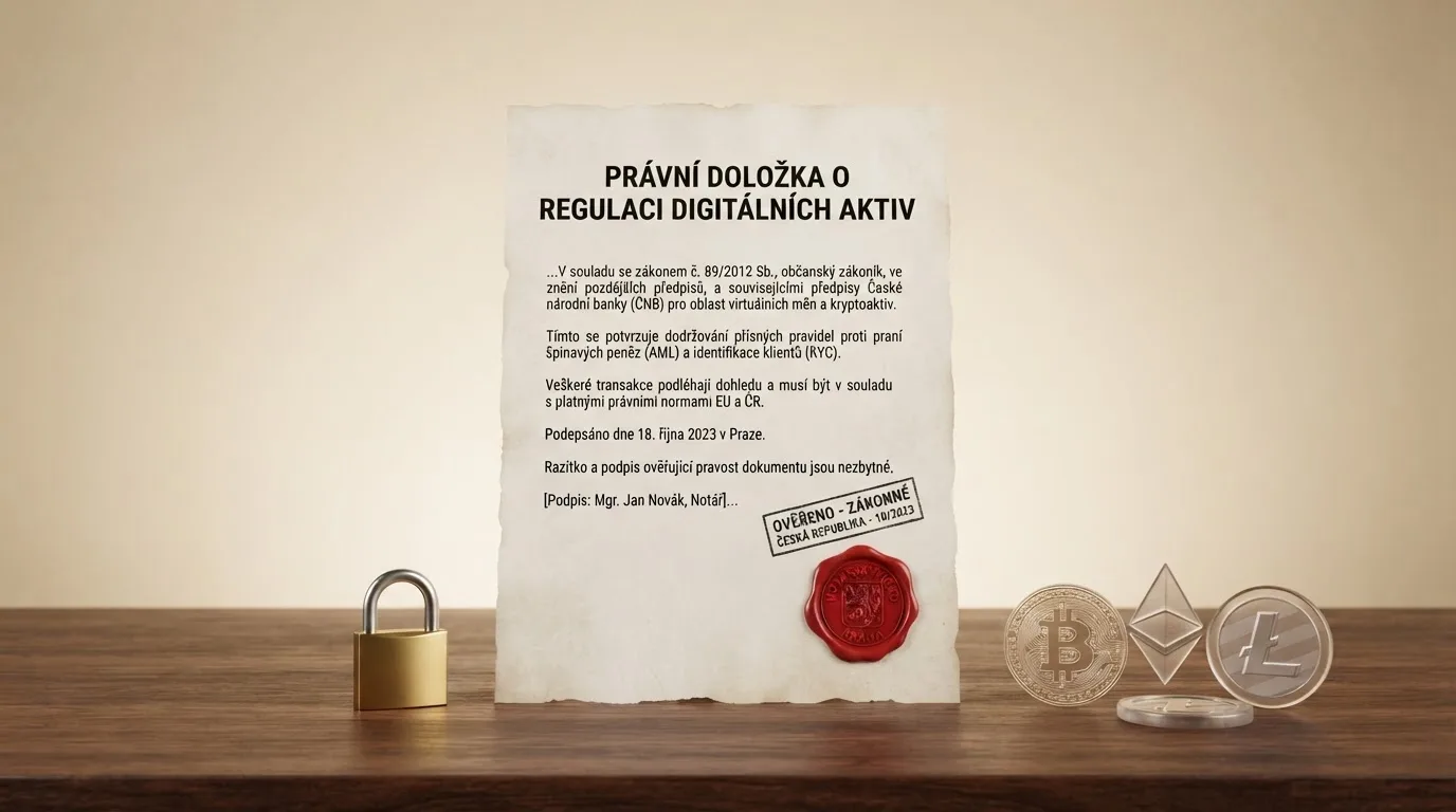 Ilustrace českého zákona o hazardních hrách s razítkem Ministerstva financí a varovným symbolem vedle logotypů kryptoměn